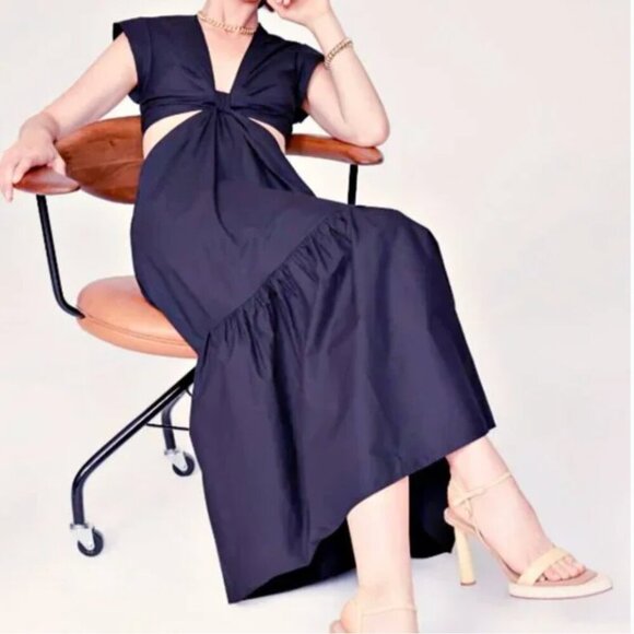A.L.C. Alexandria Cotton Knotted Front Cut Out Waist Midi Dress Navy $495 - Picture 2 of 9